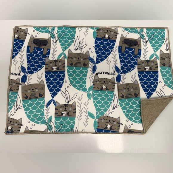 Kitchen Microfiber Dish Drying Mat Cat Fish Purrmaid 13.5”x 20” Blue Green NEW - Picture 2 of 9